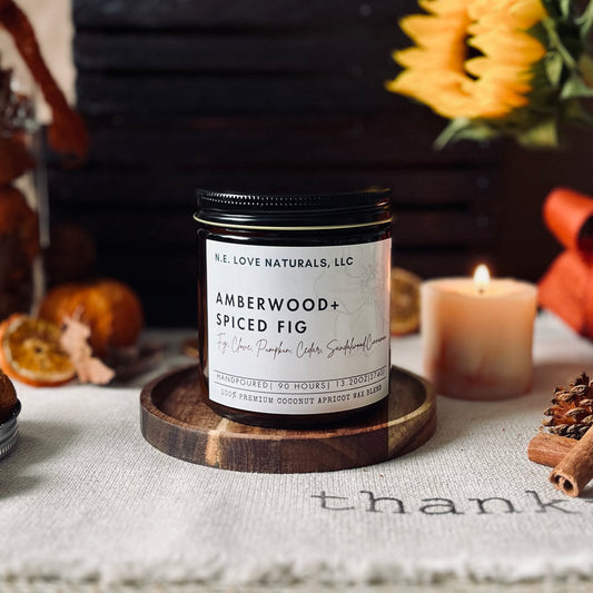 Amberwood+ Spiced Fig |Coconut Apricot Soy Candle in Amber Glass Jar| Large