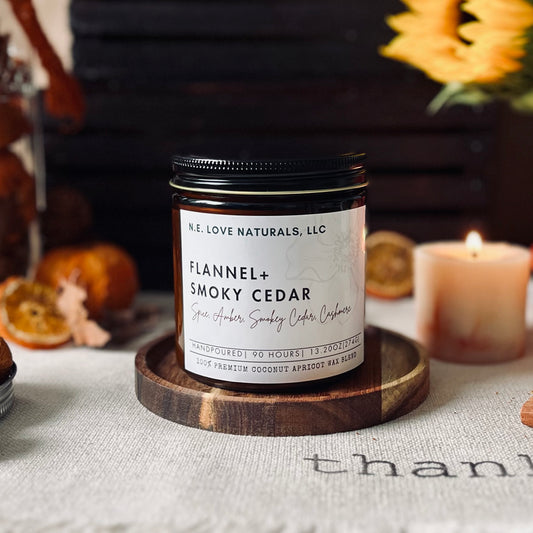 Flannel + Smoky Cedar |Coconut Apricot Soy Candle in Amber Glass Jar| Large