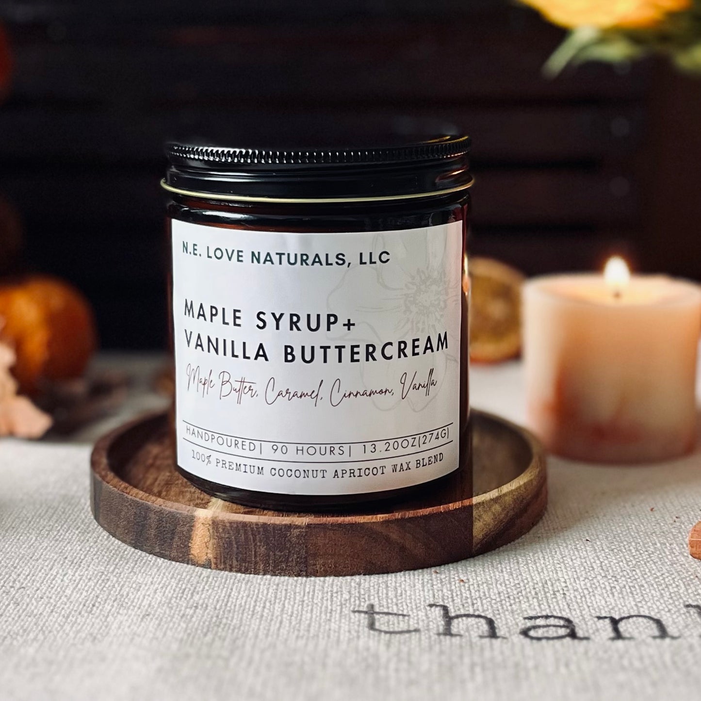 Maple Syrup + Vanilla Buttercream |Coconut Apricot Soy Candle in Amber Glass Jar| Large