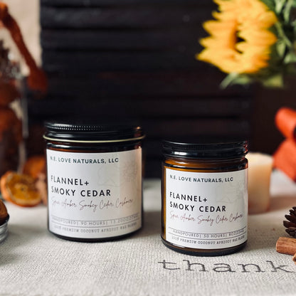 Flannel + Smoky Cedar |Coconut Apricot Soy Candle in Amber Glass Jar| Large