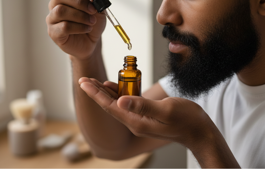 create an image of brown skin man with a curly beard nicely cut using a beard oil with no label in an amber glass bottle